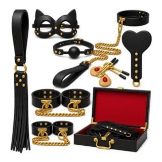 طقم قيود زوجية فاخر 10 قطع من أدوات سادية جلدية في صندوق هدايا لتجربة زوجية ممتعة مع توصيل سريع وسري داخل السعودية